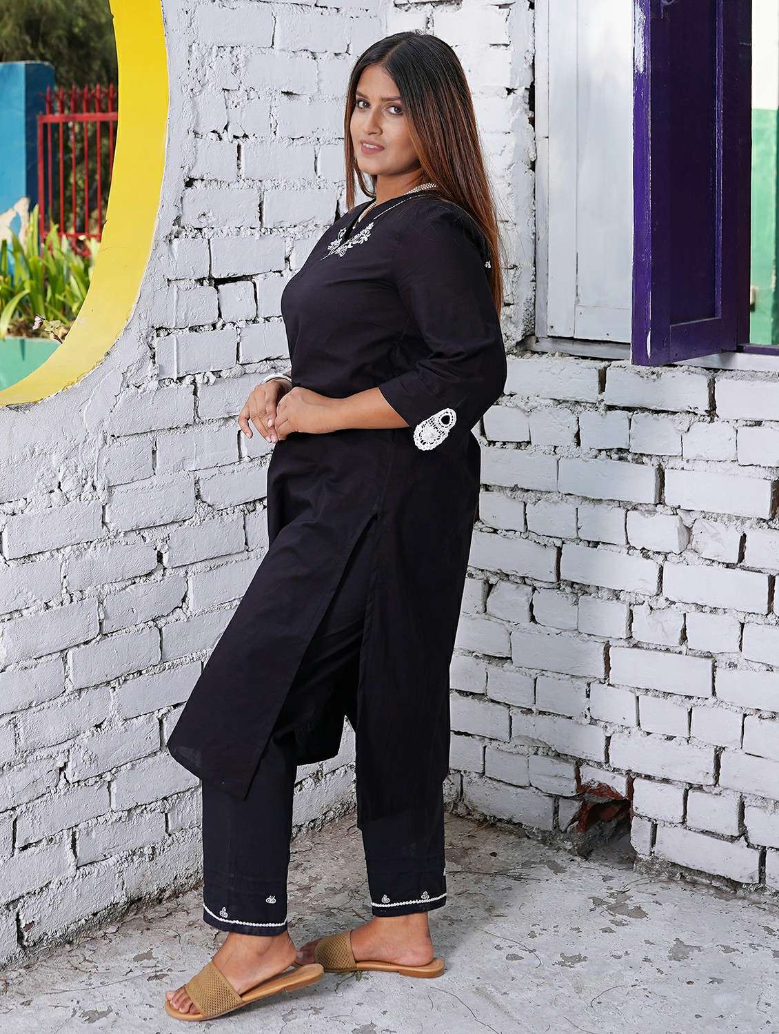 women solid three quarter sleeve kurta pant set - 22059153 -  Standard Image - 1