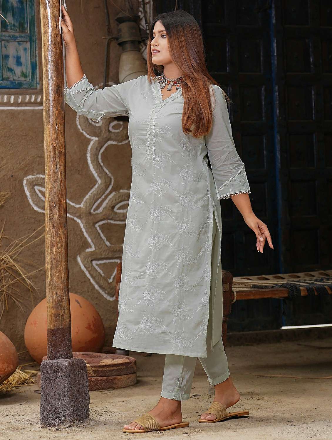 women three quarter sleeve kurta pant set - 22059188 -  Standard Image - 1