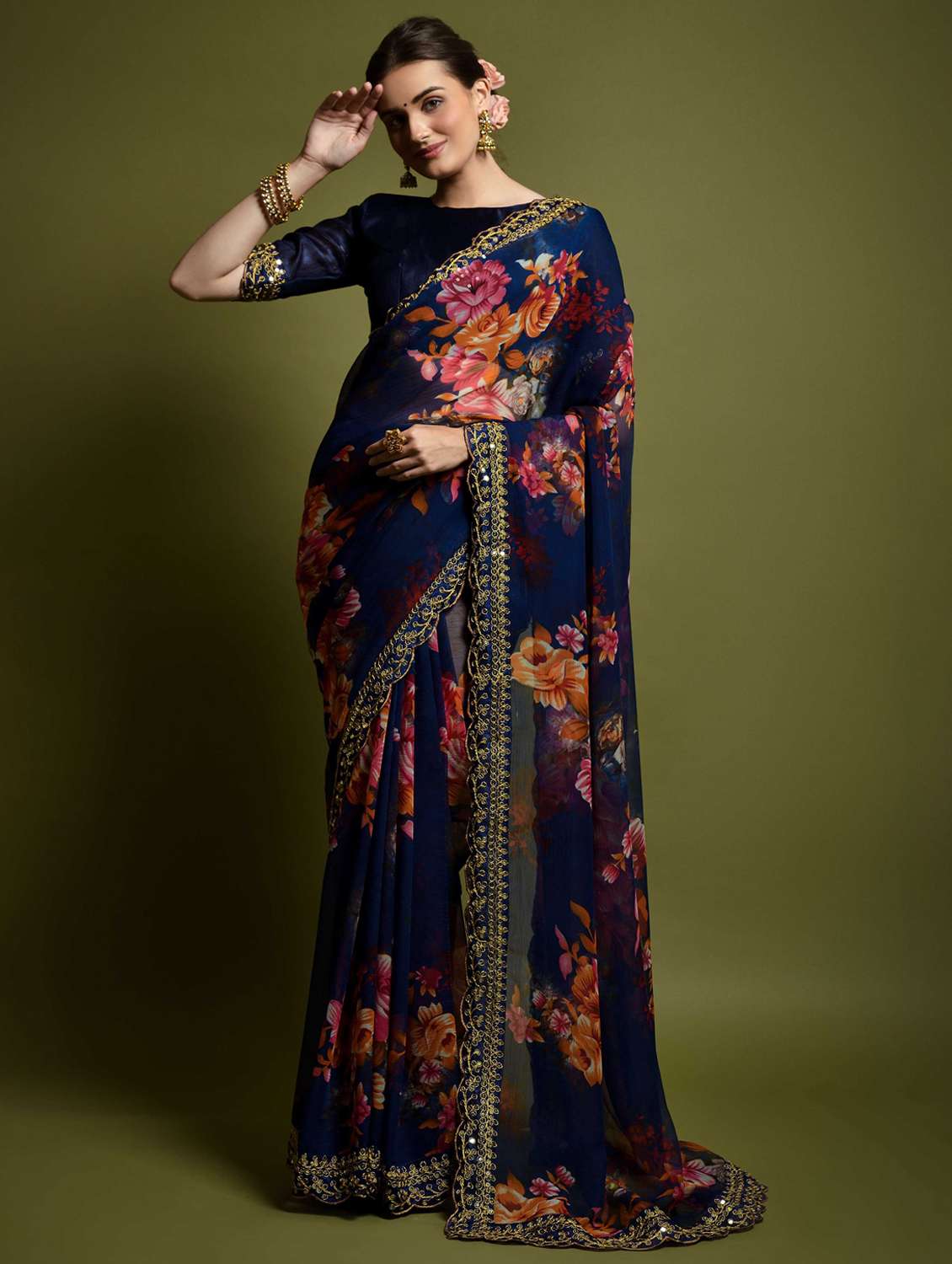 women floral printed saree with blouse