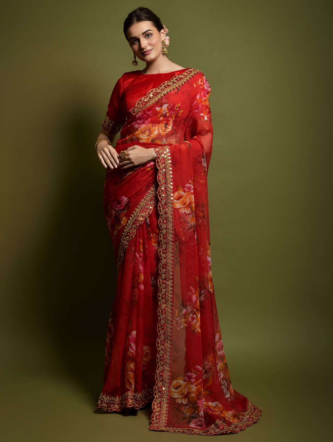 women floral printed saree with blouse
