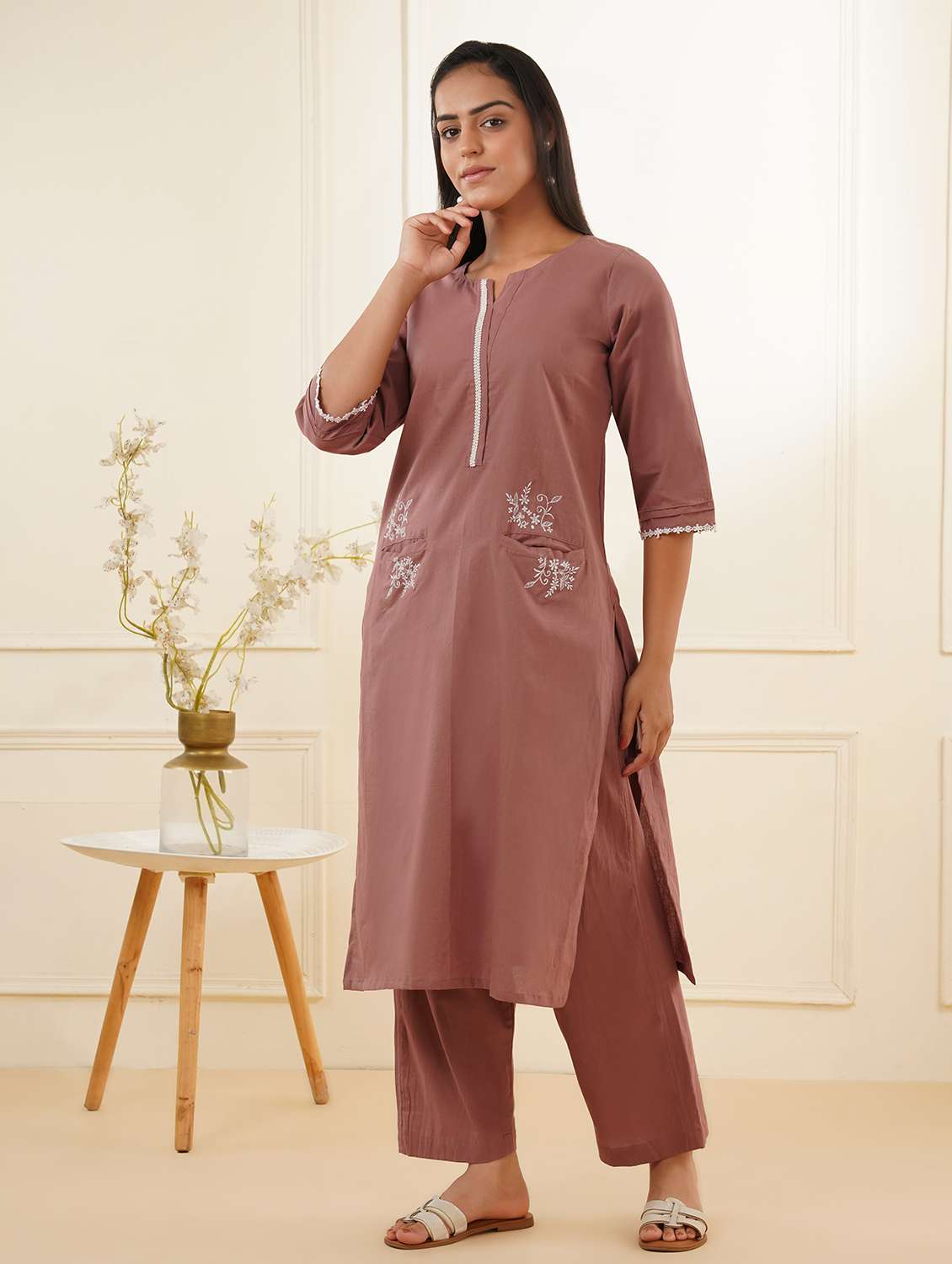 women three quarter sleeve kurta pant set - 22059227 -  Standard Image - 1