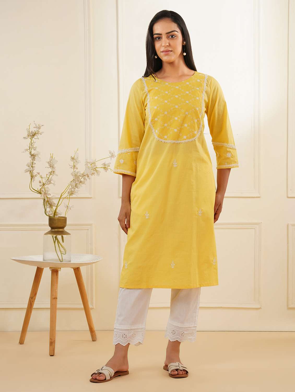 women three quarter sleeve kurta pant set