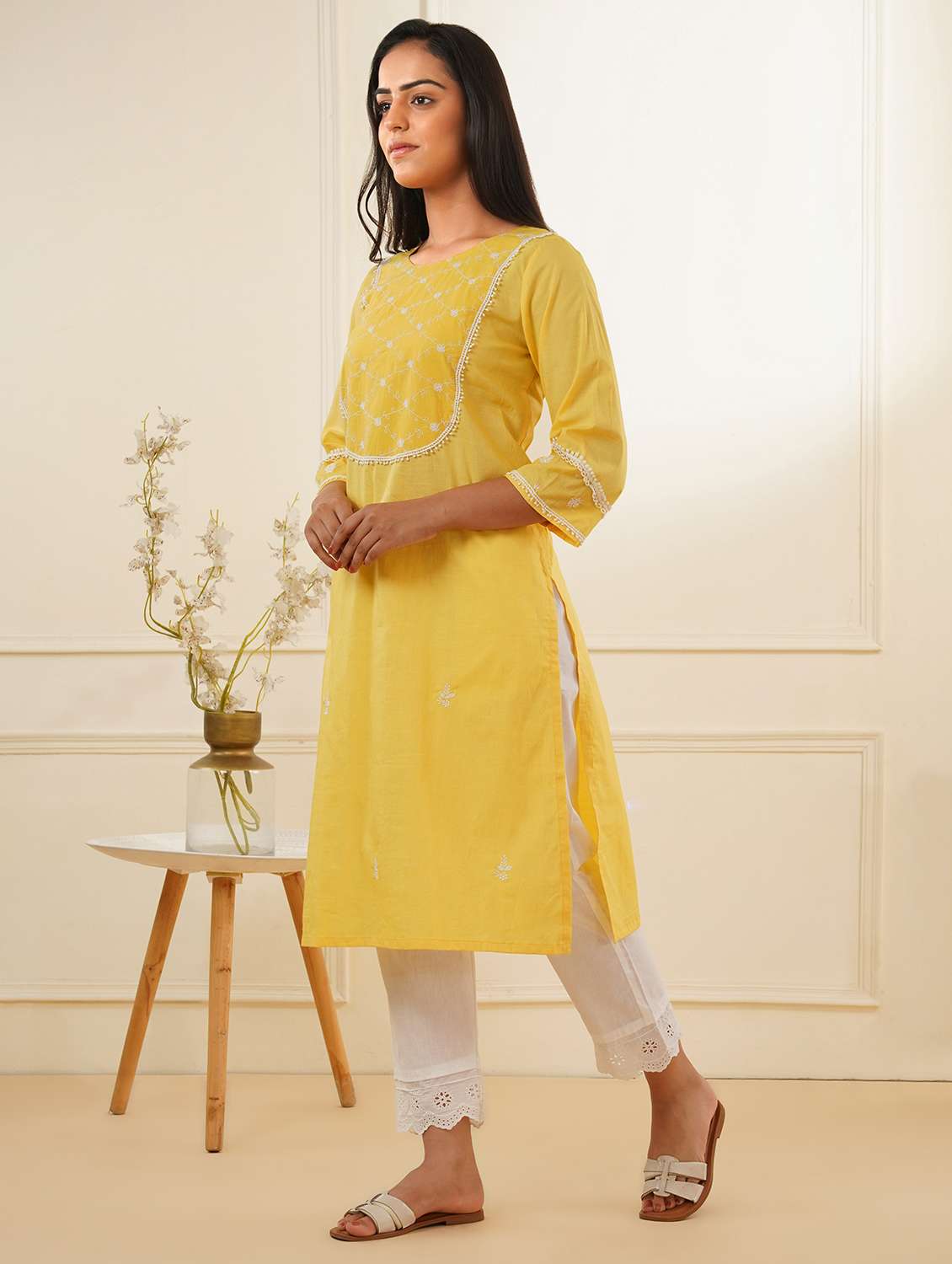 women three quarter sleeve kurta pant set - 22059229 -  Standard Image - 1