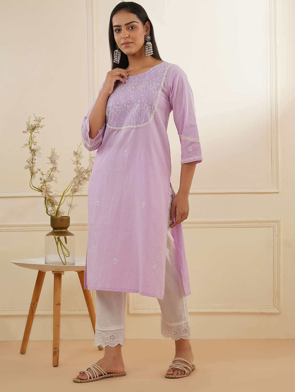 women three quarter sleeve kurta pant set - 22059230 -  Standard Image - 1