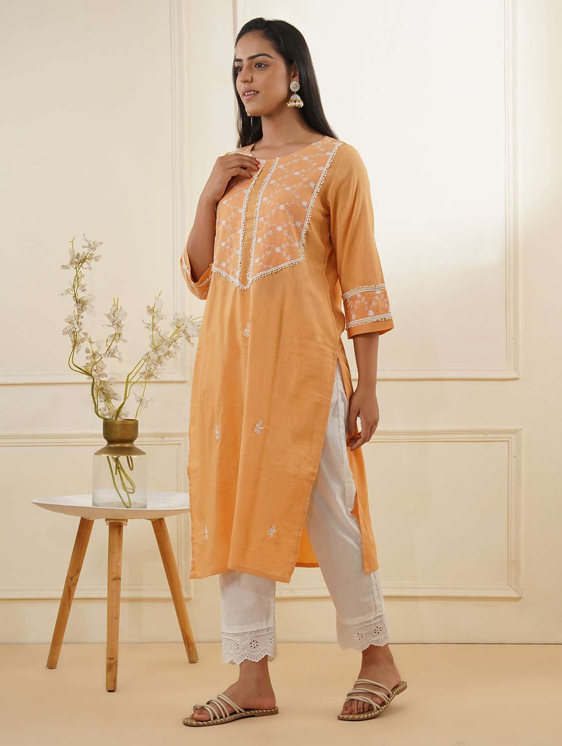 women three quarter sleeve kurta pant set - 22059233 -  Standard Image - 1