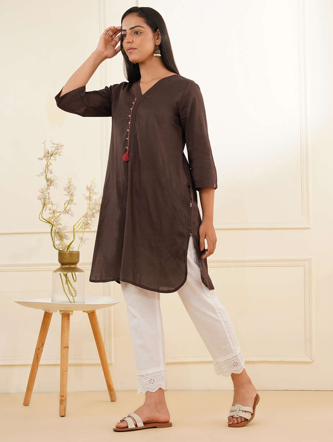 women three quarter sleeve kurta pant set - 22059236 -  Standard Image - 1