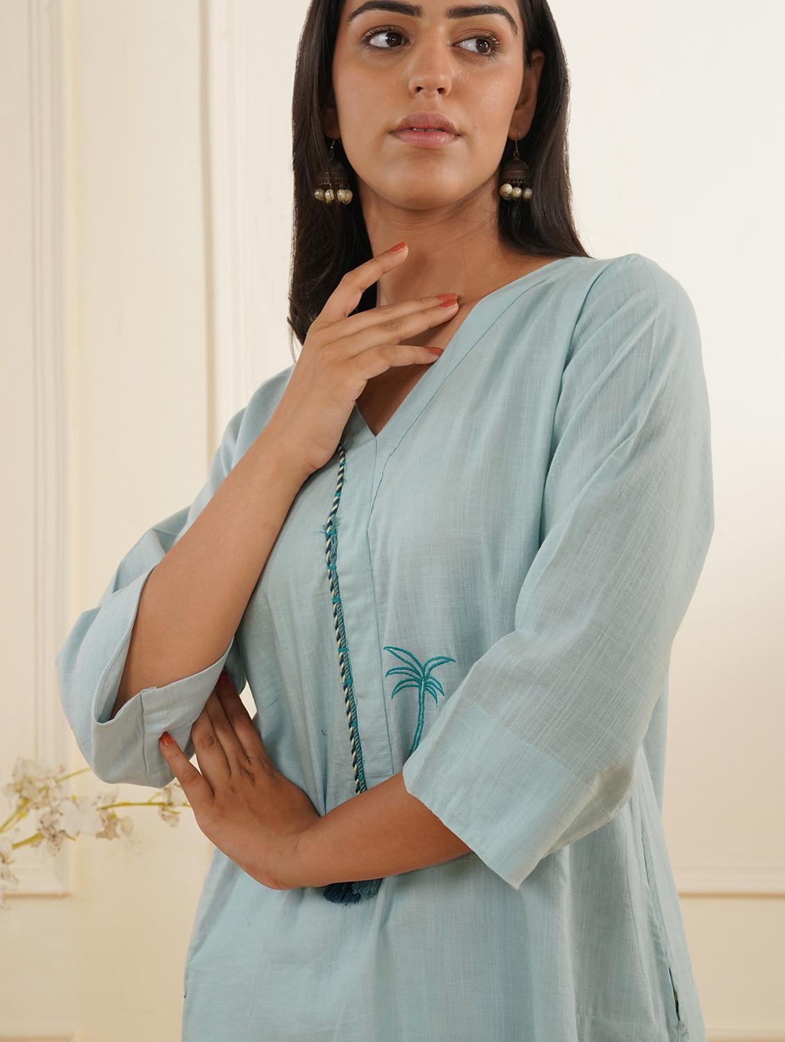 light blue cotton kurta pant set - 22059237 - Standard Image - 4