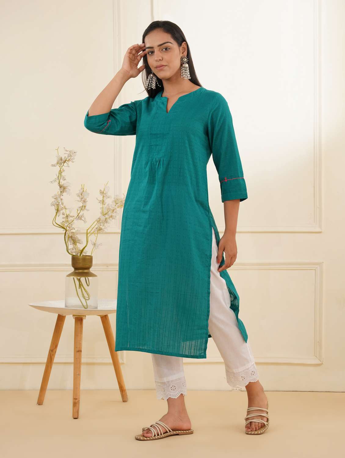 women three quarter sleeve kurta pant set - 22059238 -  Standard Image - 1