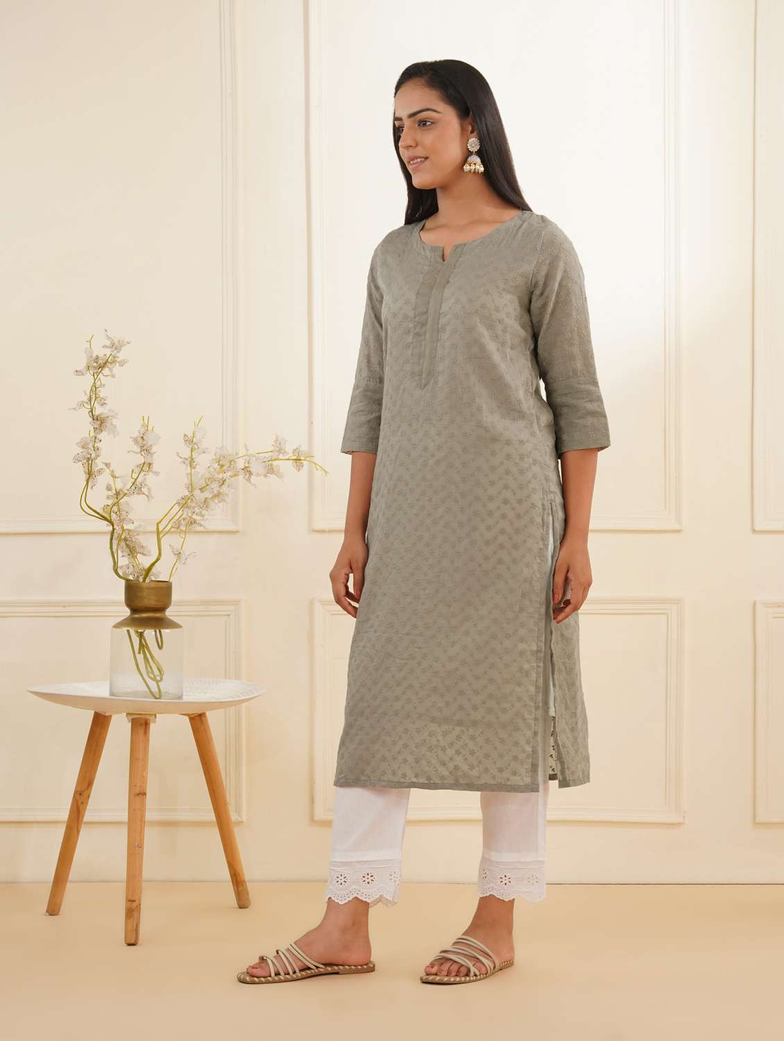 women three quarter sleeve kurta pant set - 22059240 -  Standard Image - 1