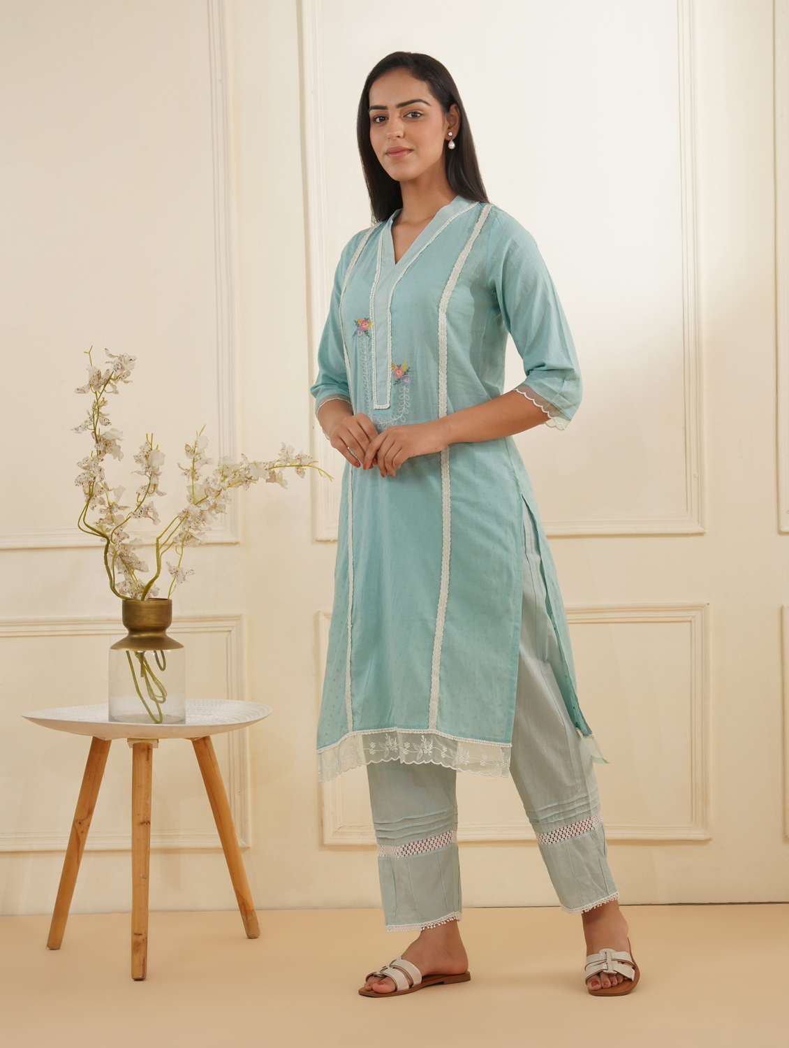 women three quarter sleeve kurta pant set - 22059243 - Standard Image - 1
