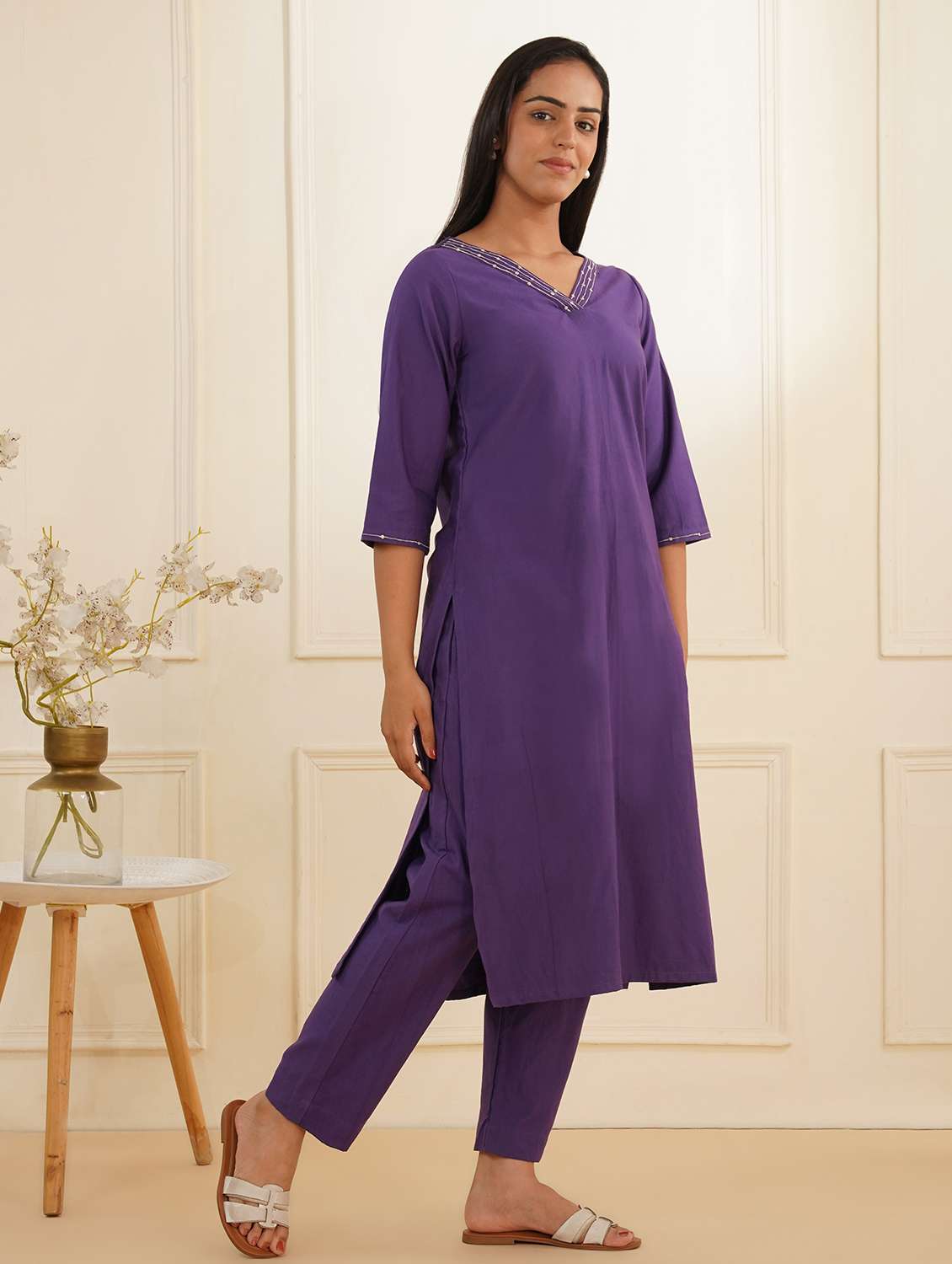 women three quarter sleeve kurta pant set - 22059244 - Standard Image - 1