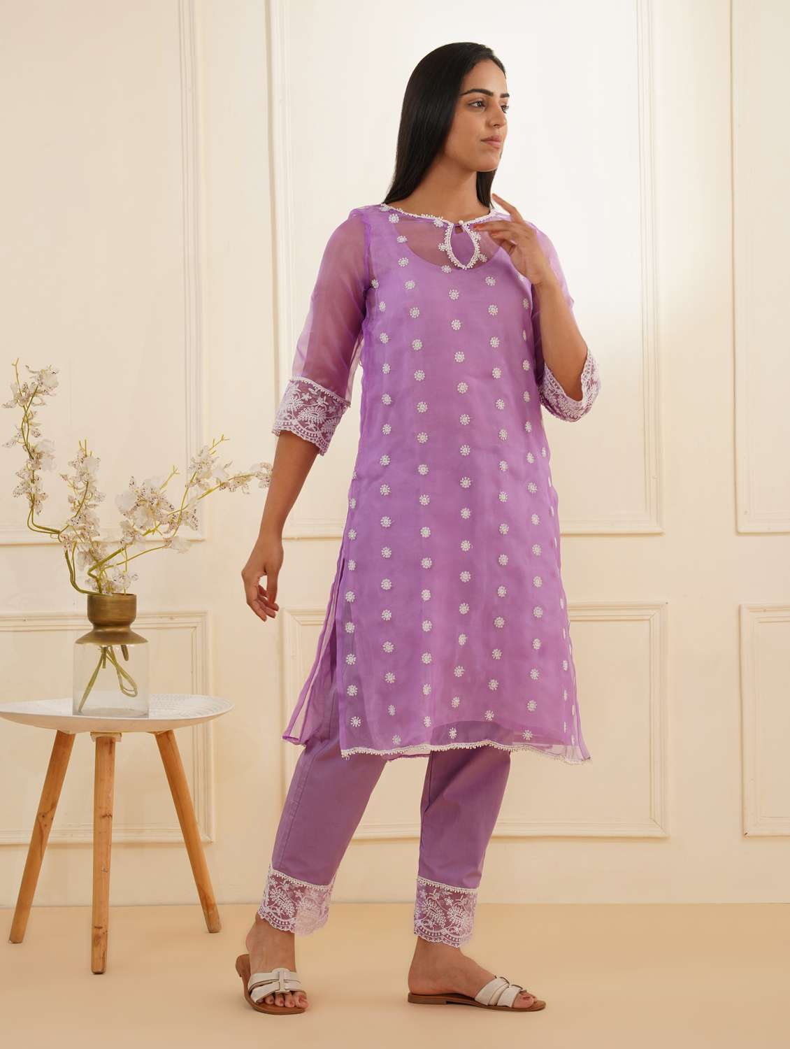 women three quarter sleeve kurta pant set - 22059252 -  Standard Image - 1