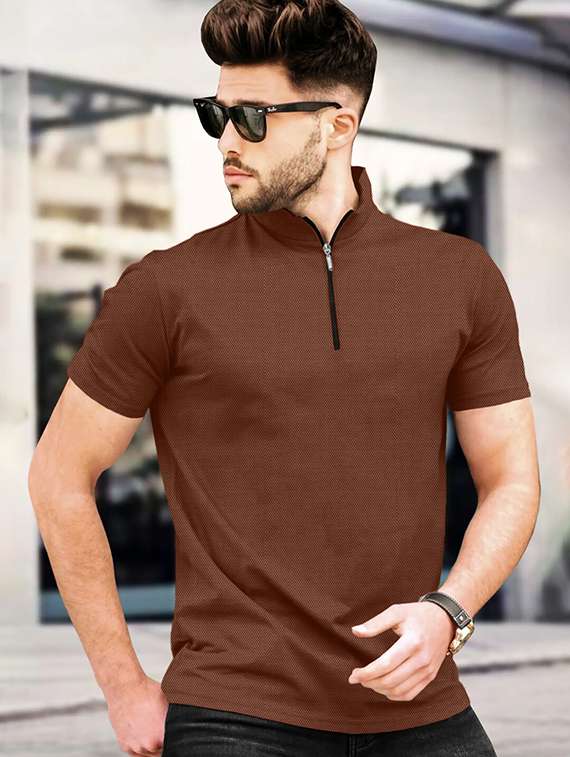 men solid short sleeve regular fit stand collar t-shirt