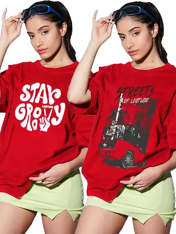 women pack of 2 printed short sleeve oversized t-shirt