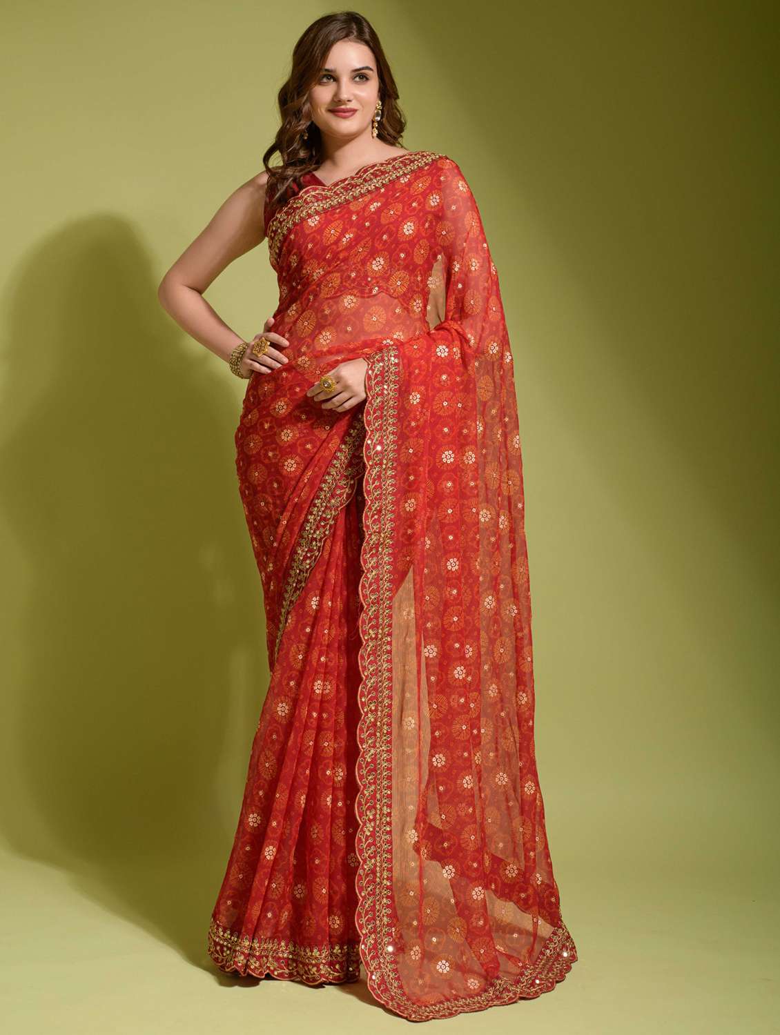 women printed bordered saree with blouse