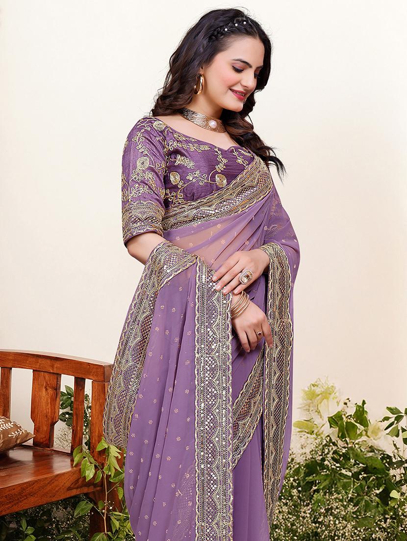 women solid with work embellished saree with blouse - 22059767 - Standard Image - 4