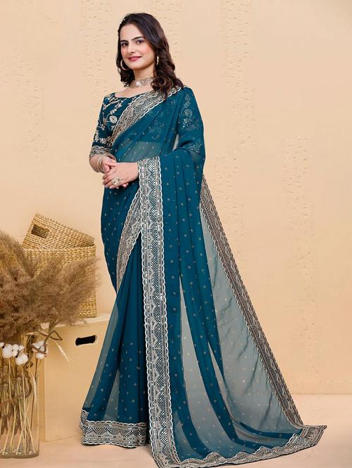 women solid with work embellished saree with blouse - 22059768 -  Standard Image - 0
