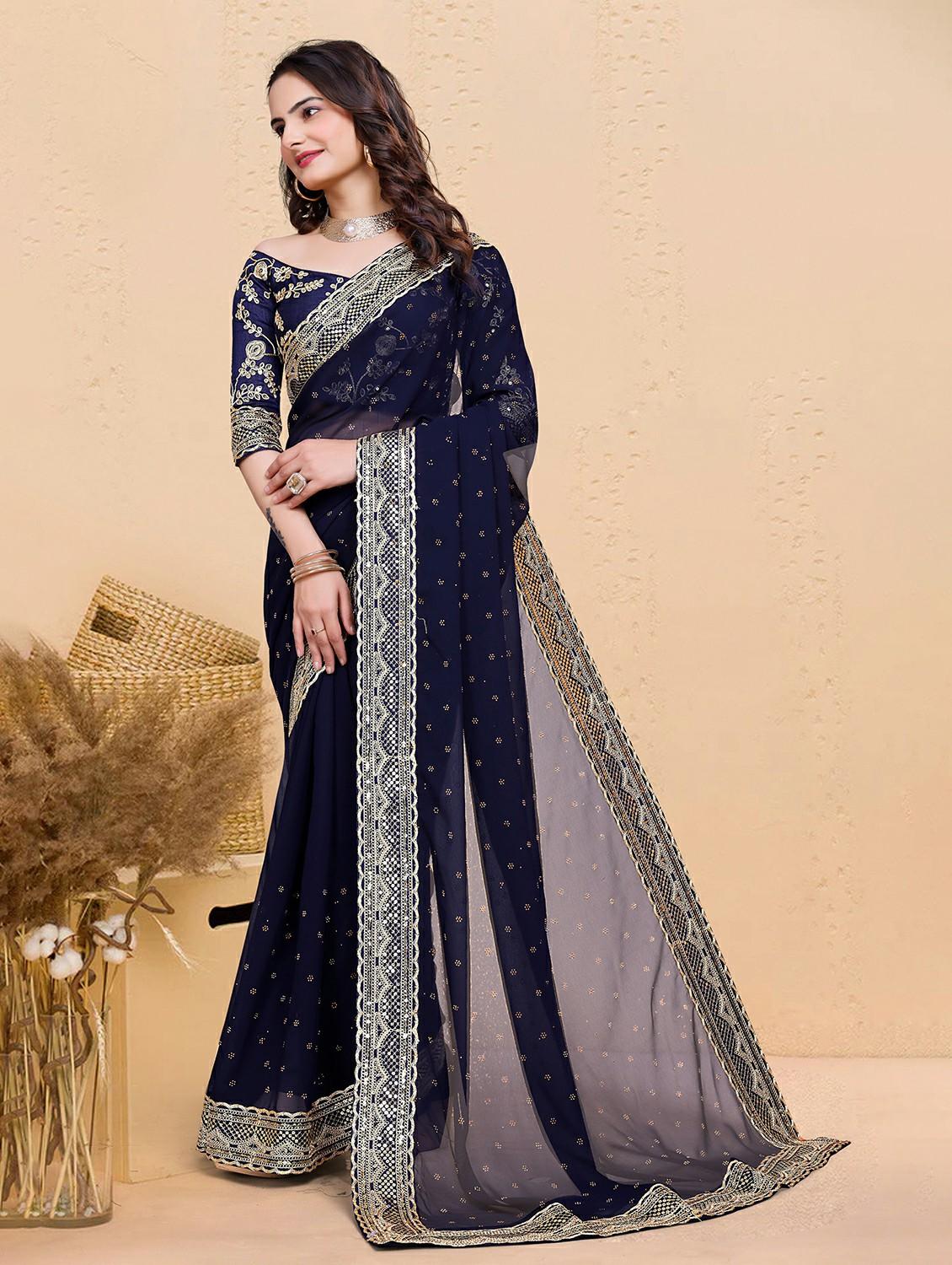 women solid with work embellished saree with blouse - 22059769 - Standard Image - 1