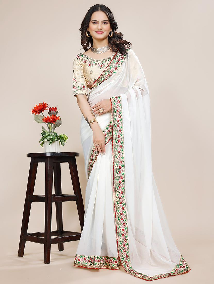 women solid with bordered saree with blouse - 22059785 - Zoom Image - 0