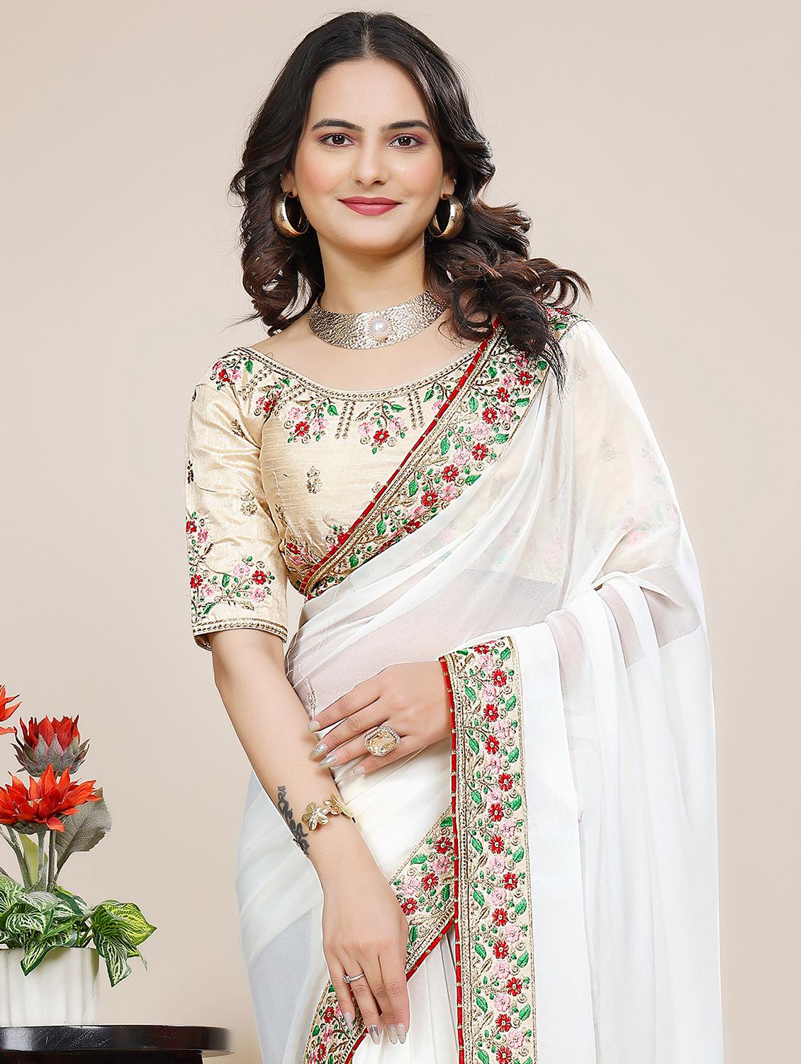 women solid with bordered saree with blouse - 22059785 - Standard Image - 1