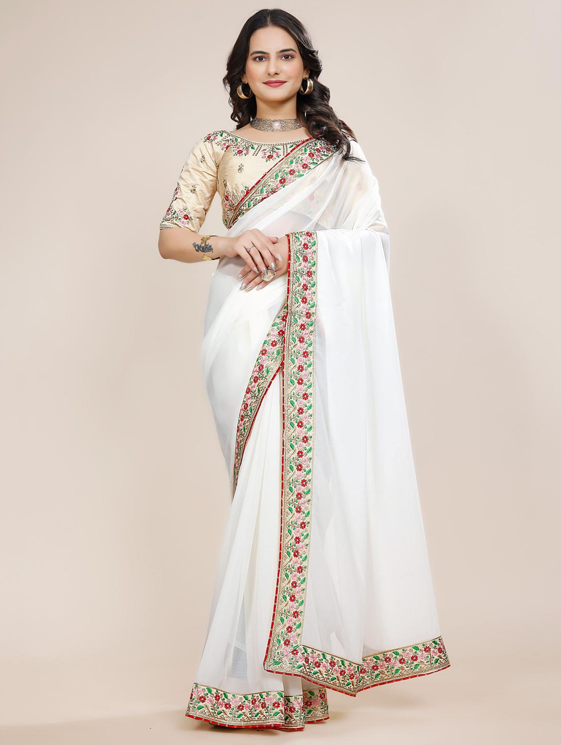 women solid with bordered saree with blouse - 22059785 - Standard Image - 4