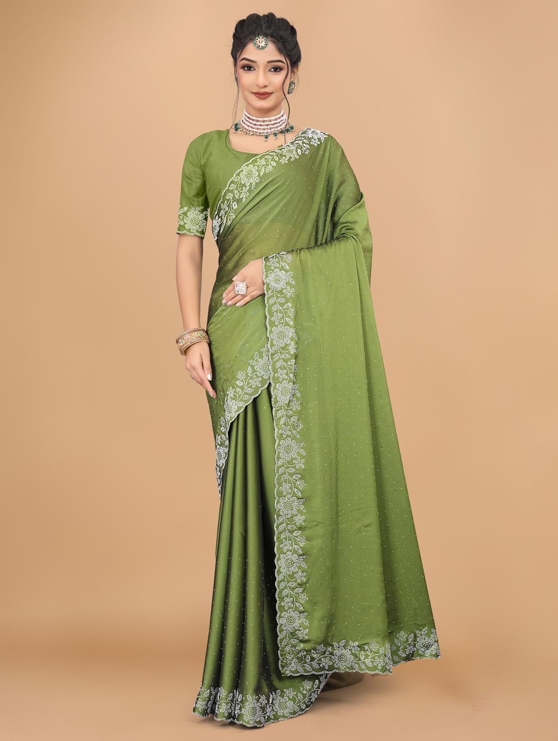 women solid with work embellished saree with blouse - 22059798 - Zoom Image - 0