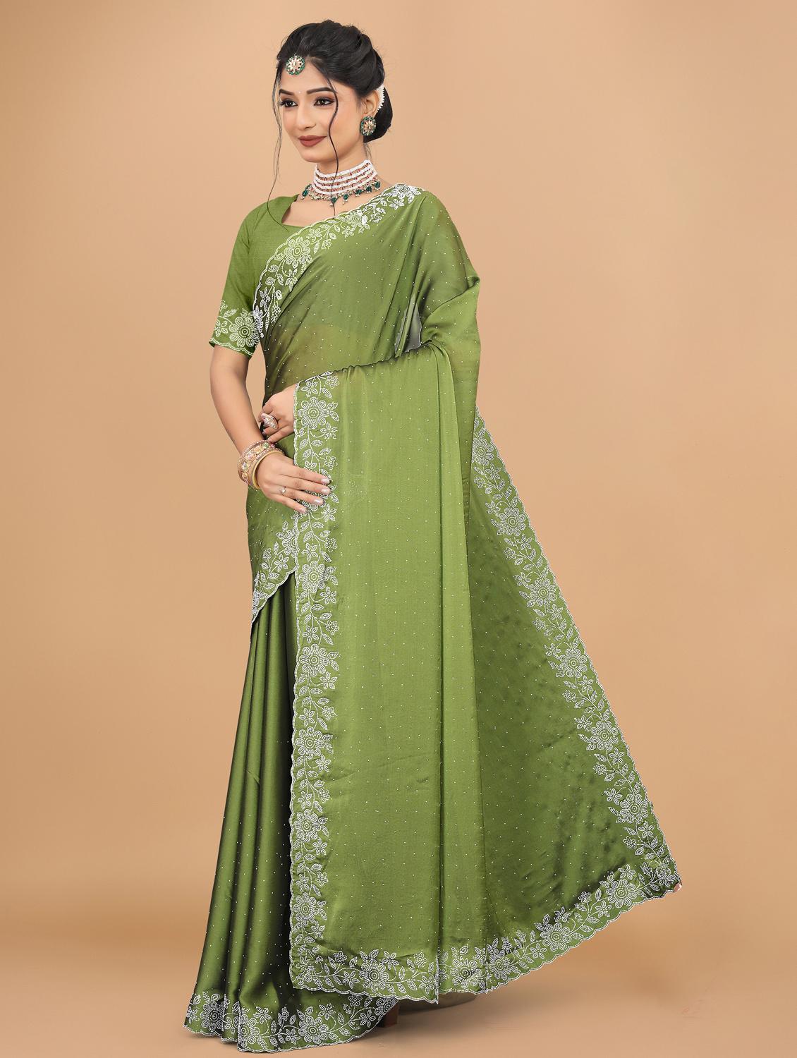 women solid with work embellished saree with blouse - 22059798 - Standard Image - 1