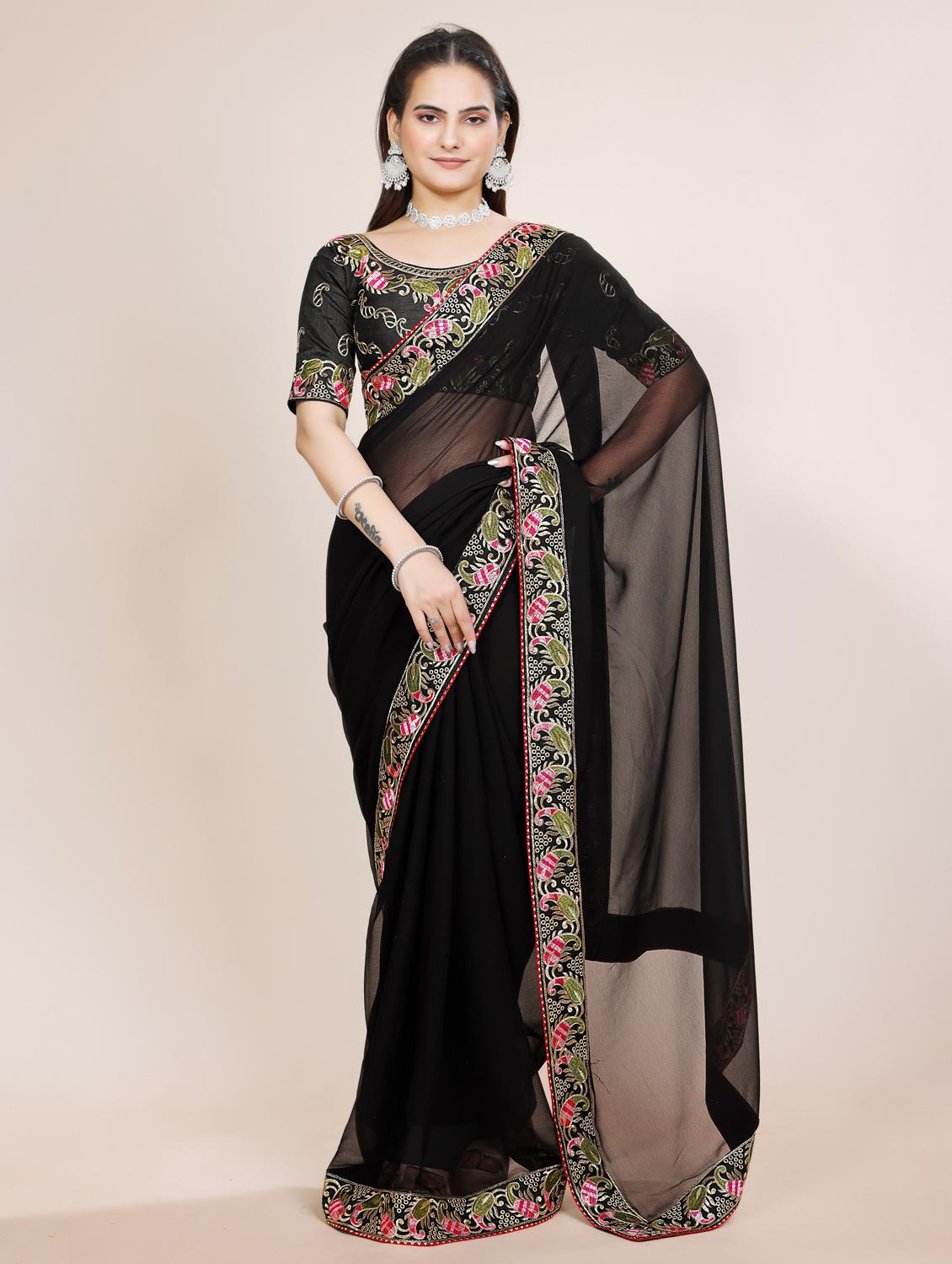 women solid with bordered saree with blouse - 22059890 - Standard Image - 1