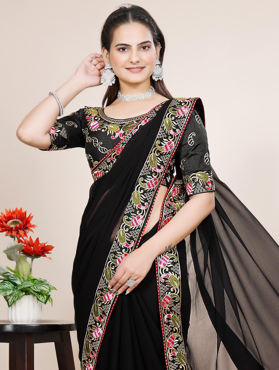 women solid with bordered saree with blouse - 22059890 - Standard Image - 4