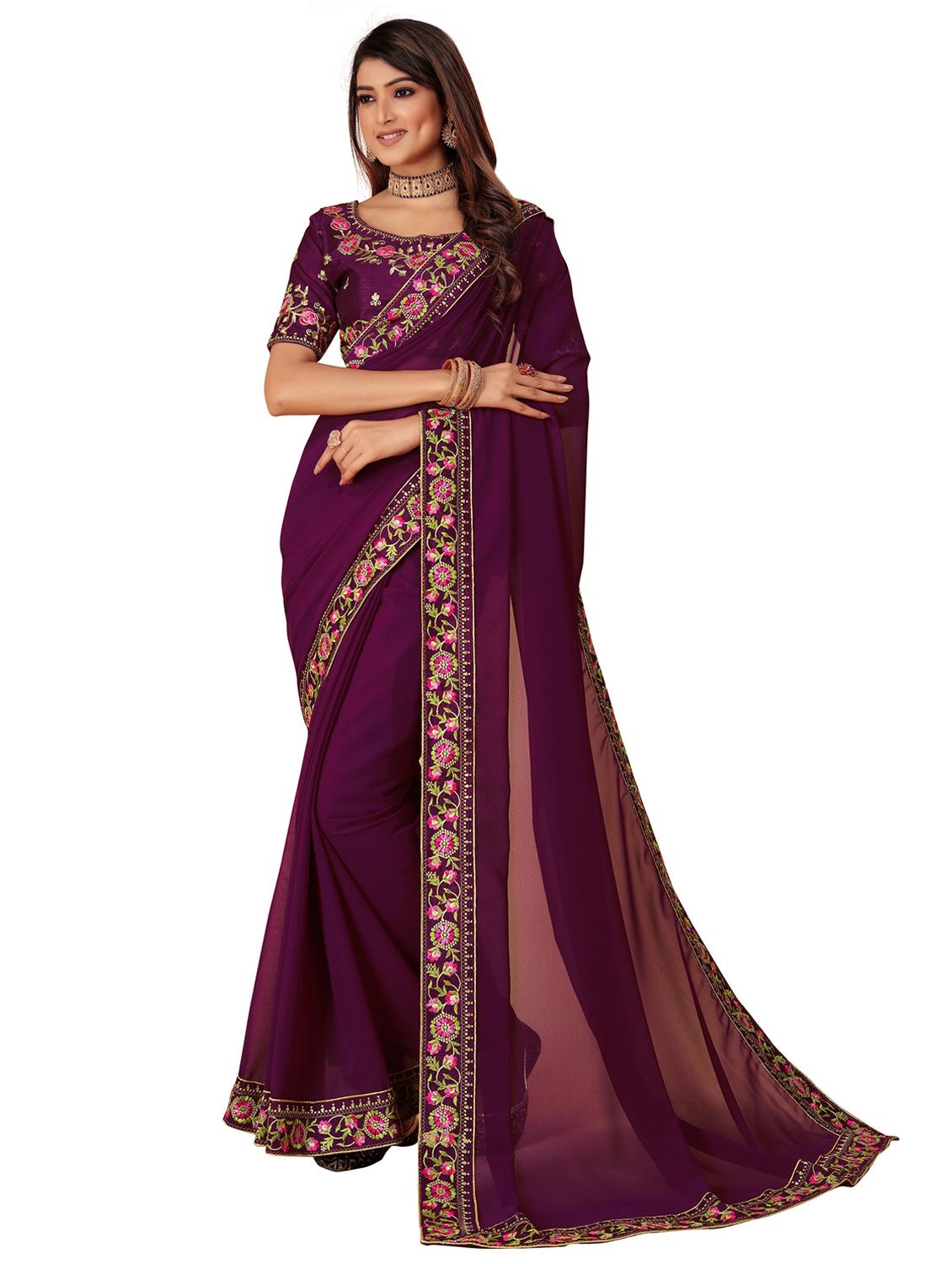 women solid with bordered saree with blouse - 22059939 - Zoom Image - 0