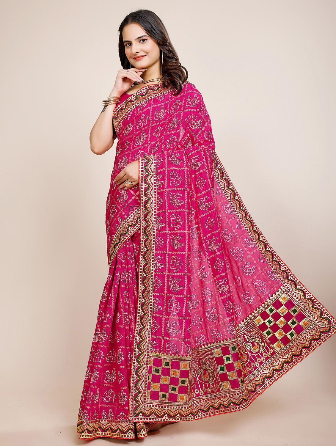 women bandhani printed bordered saree with blouse - 22059950 -  Standard Image - 1