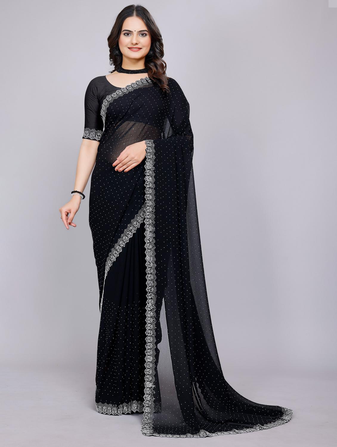women solid with work embellished saree with blouse - 22059980 - Zoom Image - 0