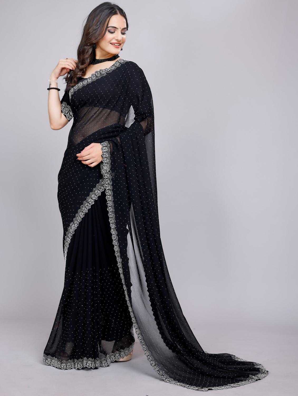 women solid with work embellished saree with blouse - 22059980 - Standard Image - 1