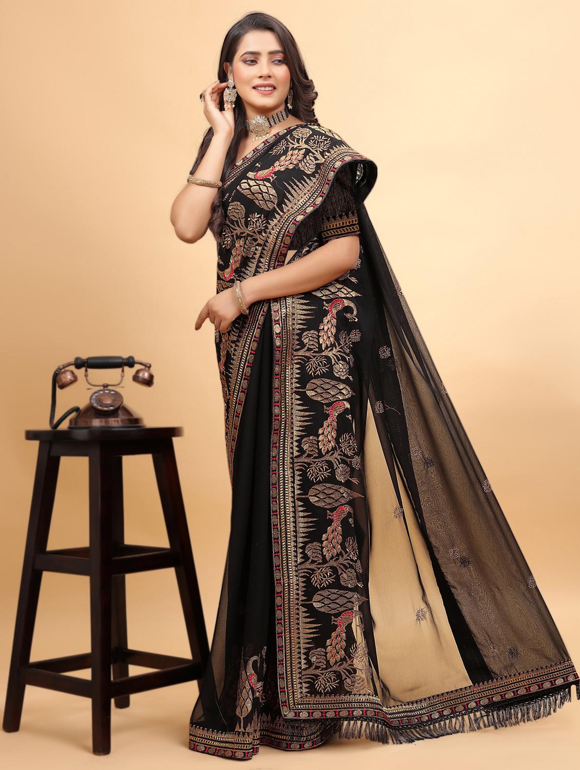 women solid with work embroidered saree with blouse - 22060066 - Standard Image - 1