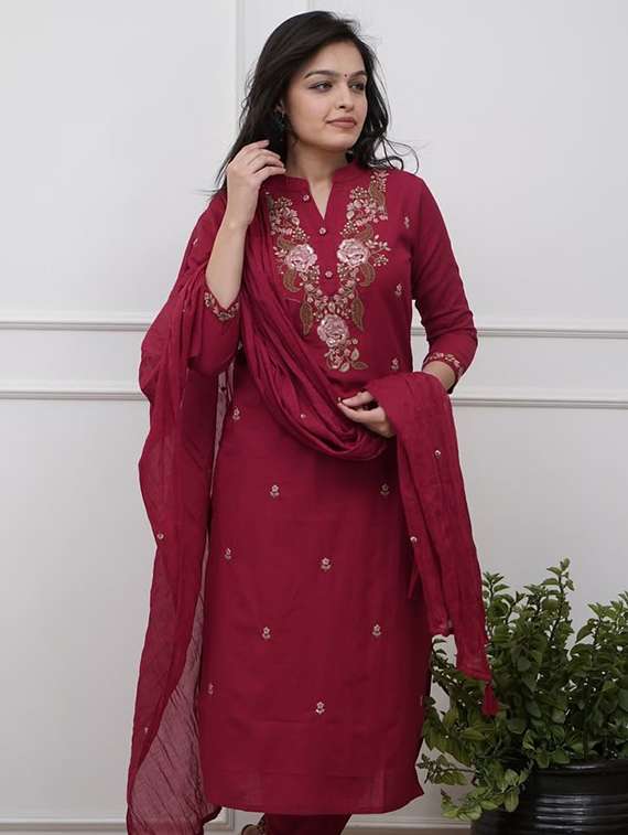 women embroidered three quarter sleeve kurta pant with dupatta set - 22060157 -  Standard Image - 1