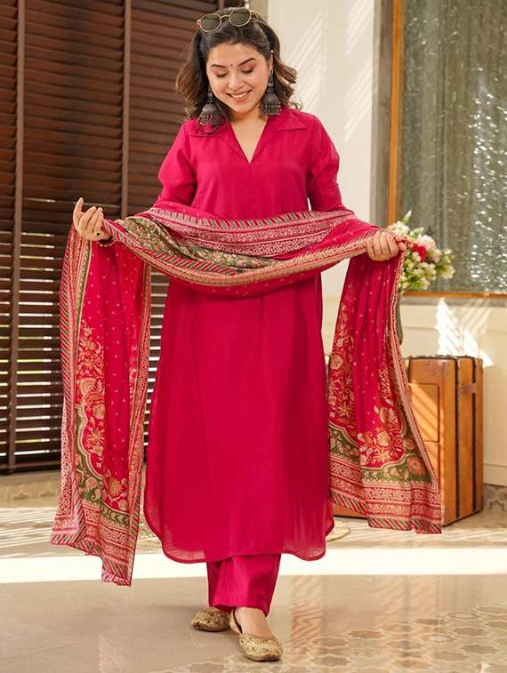 women three quarter sleeve kurta pant with dupatta set - 22060199 -  Standard Image - 1