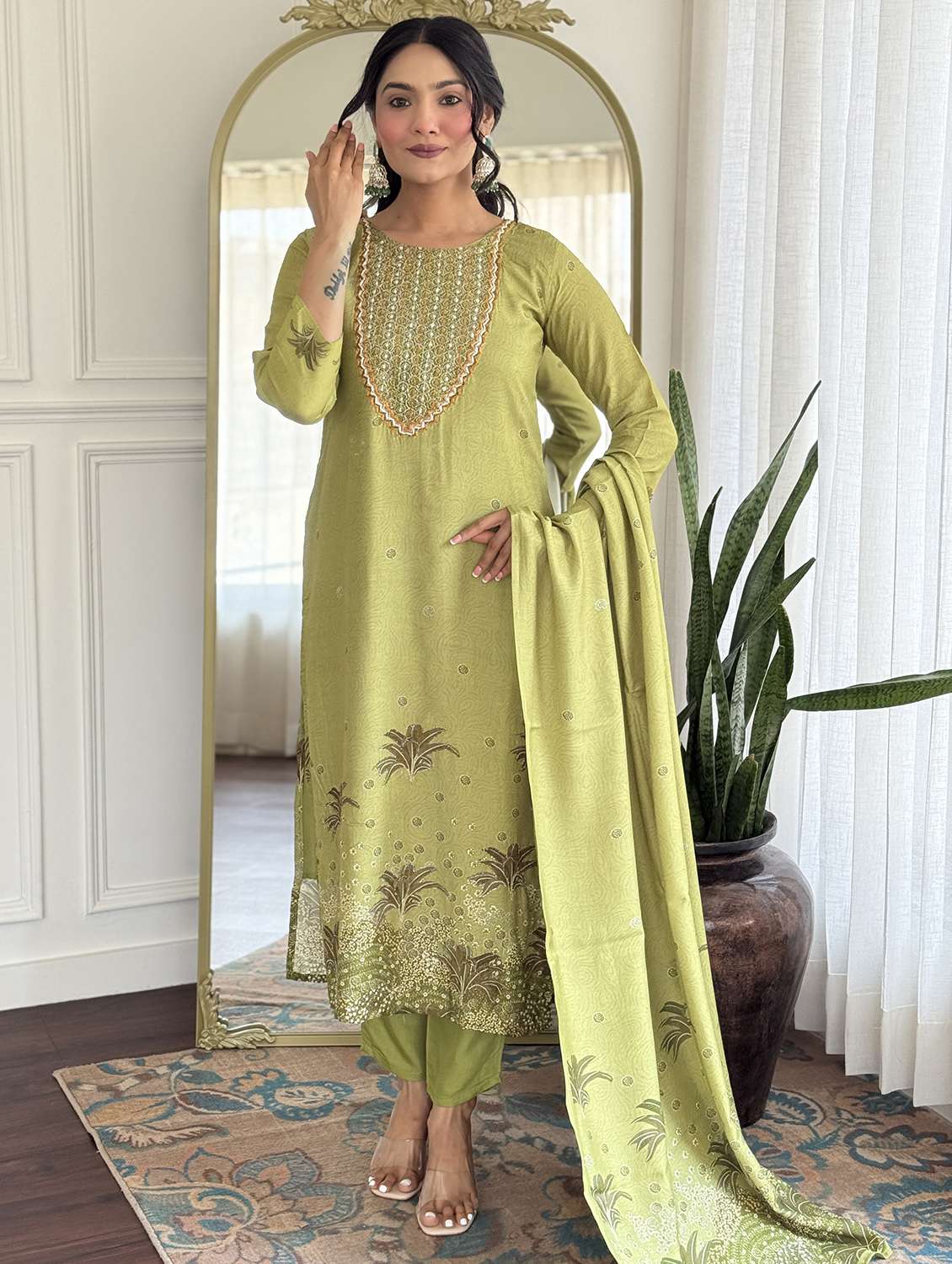 women three quarter sleeve kurta pant with dupatta set - 22060208 -  Standard Image - 1