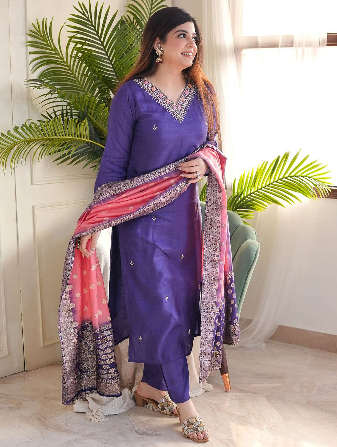 women three quarter sleeve kurta pant with dupatta set - 22060224 -  Standard Image - 1