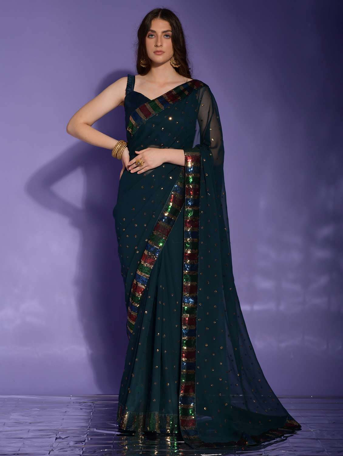women solid with work embellished saree with blouse