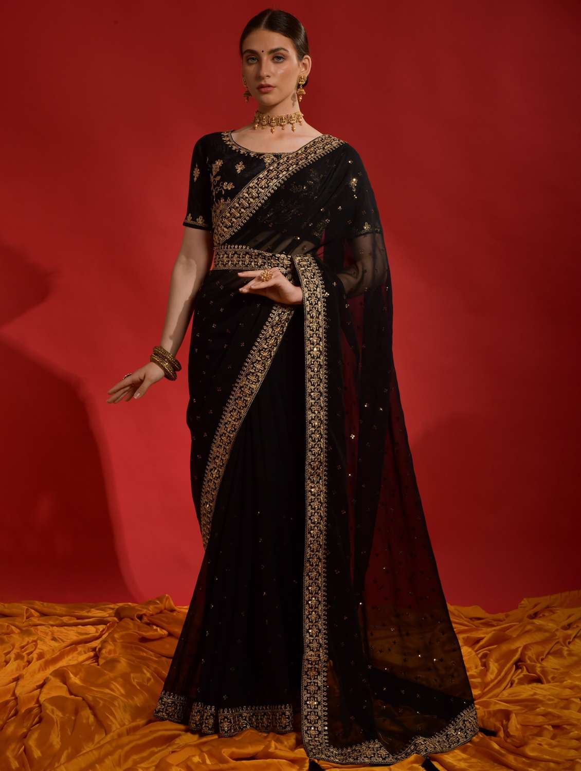 women solid with work embellished saree with blouse - 22060530 - Standard Image - 1