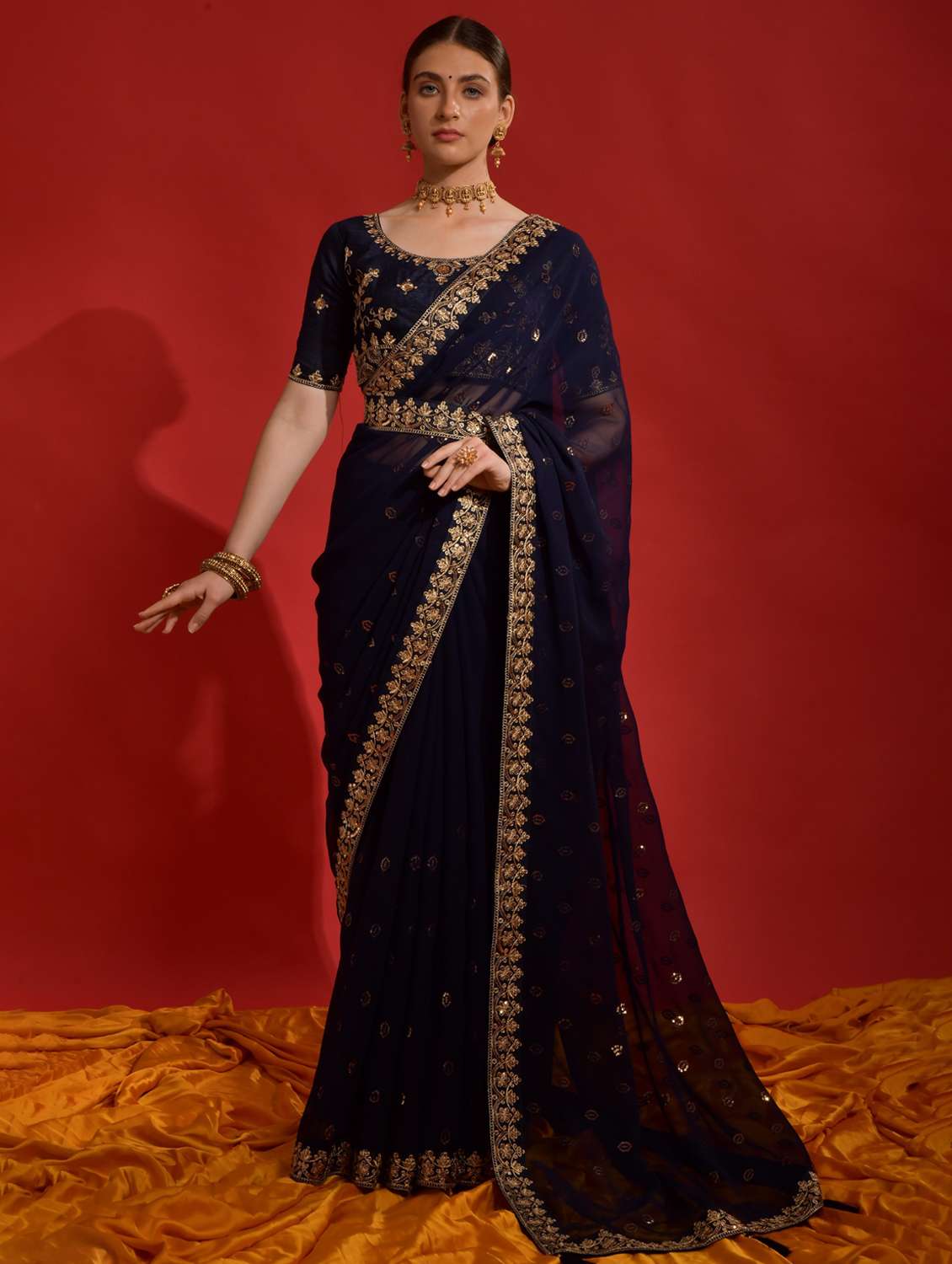 women solid with work embellished saree with blouse - 22060531 - Standard Image - 1