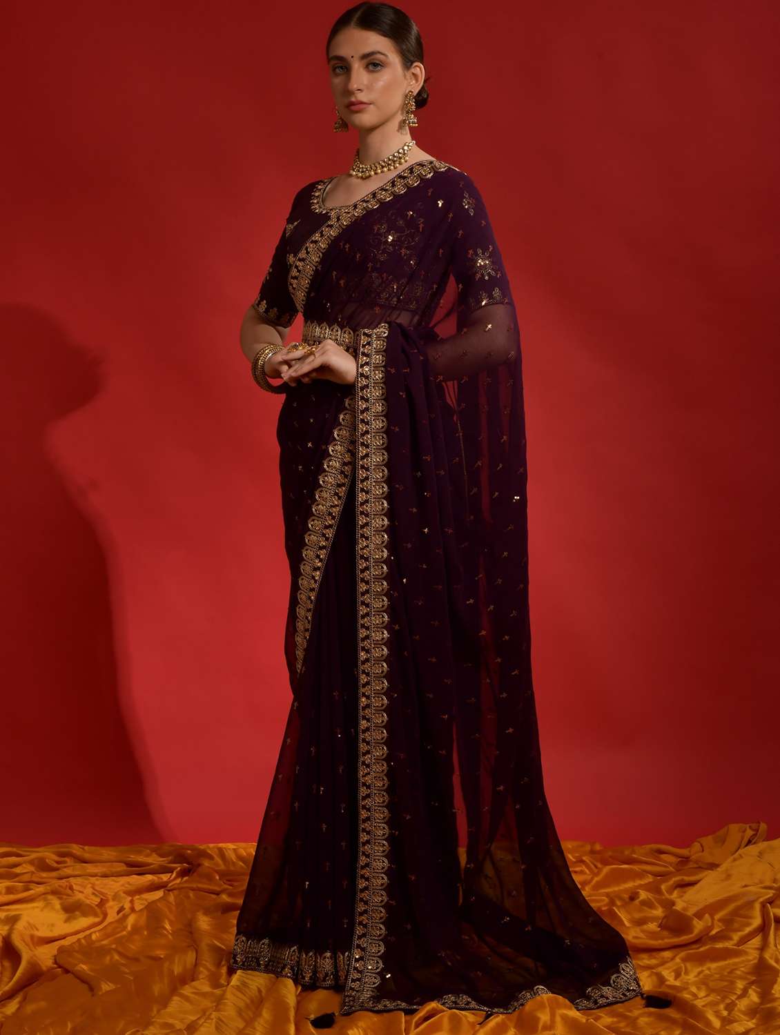 women solid with work embellished saree with blouse - 22060532 -  Standard Image - 1