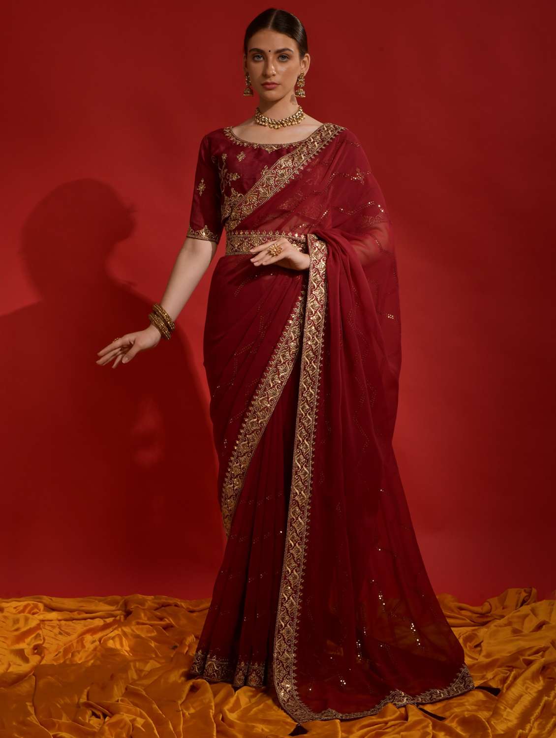 women solid with work embroidered saree with blouse - 22060533 - Zoom Image - 0