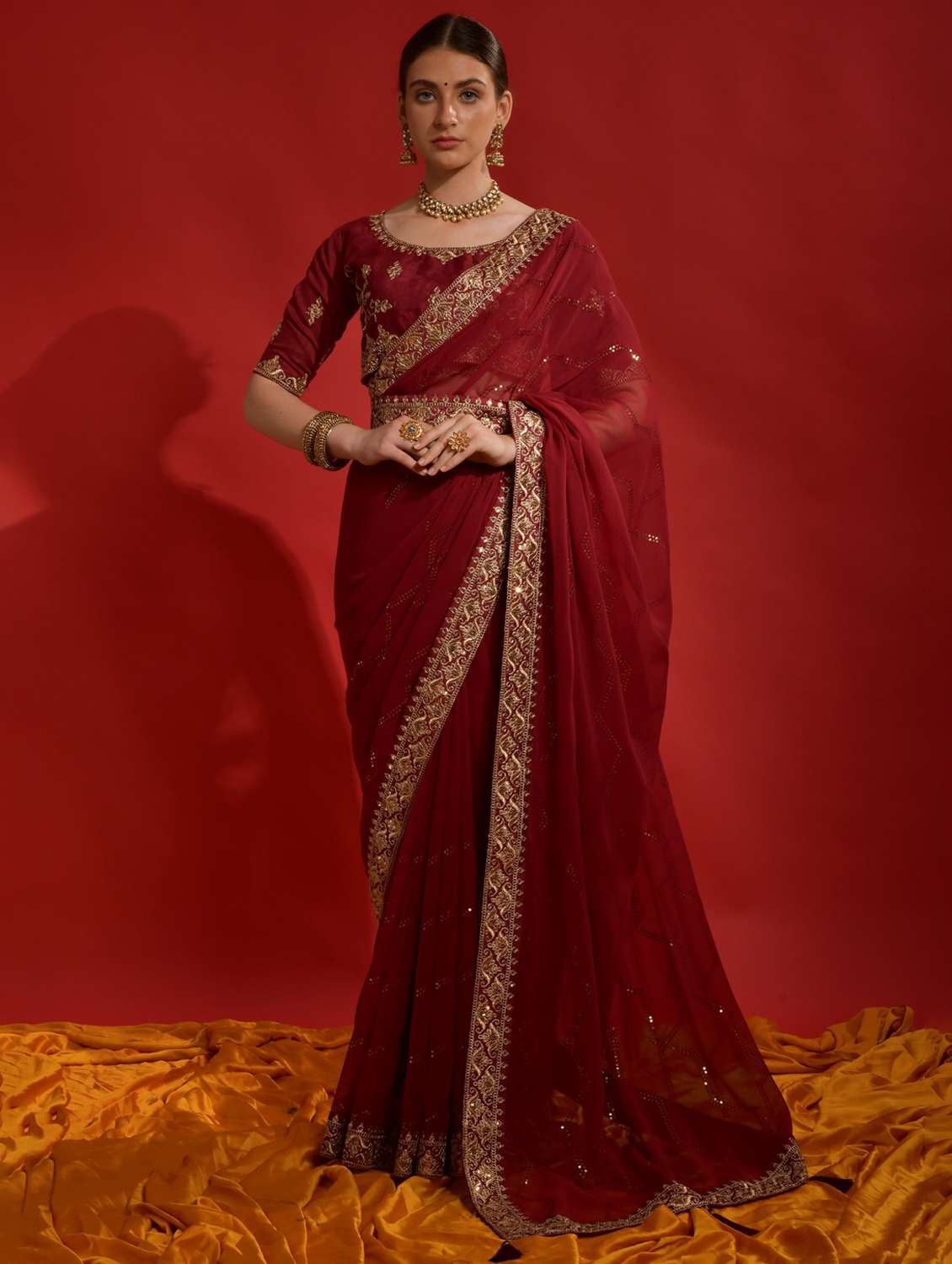 women solid with work embroidered saree with blouse - 22060533 -  Standard Image - 1