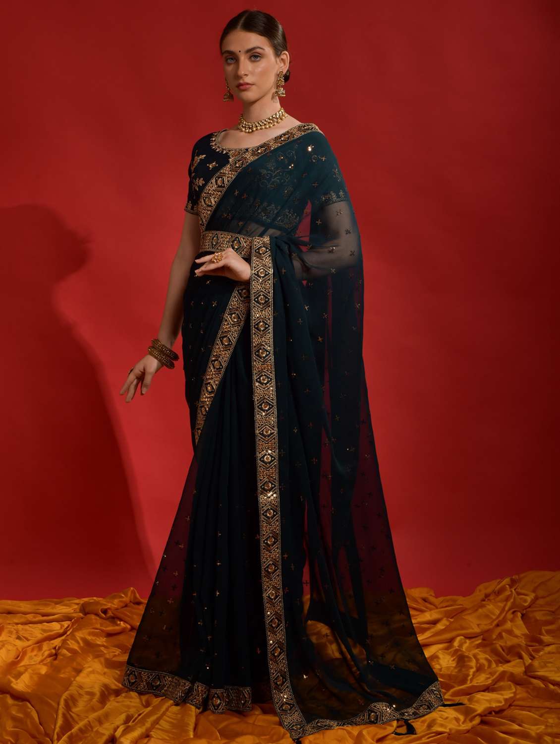 women solid with work embroidered saree with blouse - 22060534 -  Standard Image - 1