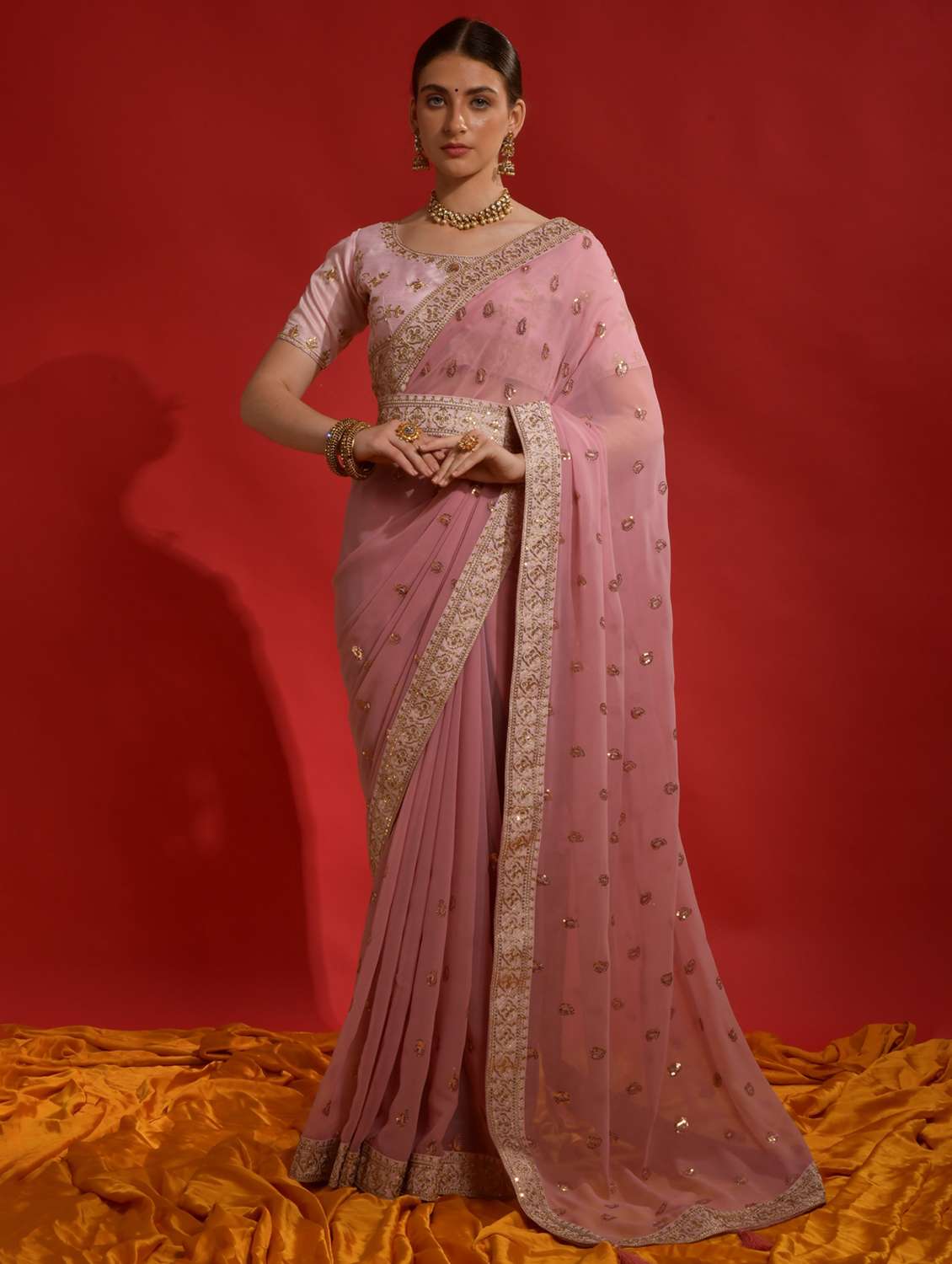 Women Solid With Work Embroidered Saree With Blouse - 22060535 -  Standard Image - 1