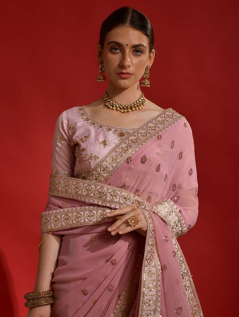 Women Solid With Work Embroidered Saree With Blouse - 22060535 -  Standard Image - 4