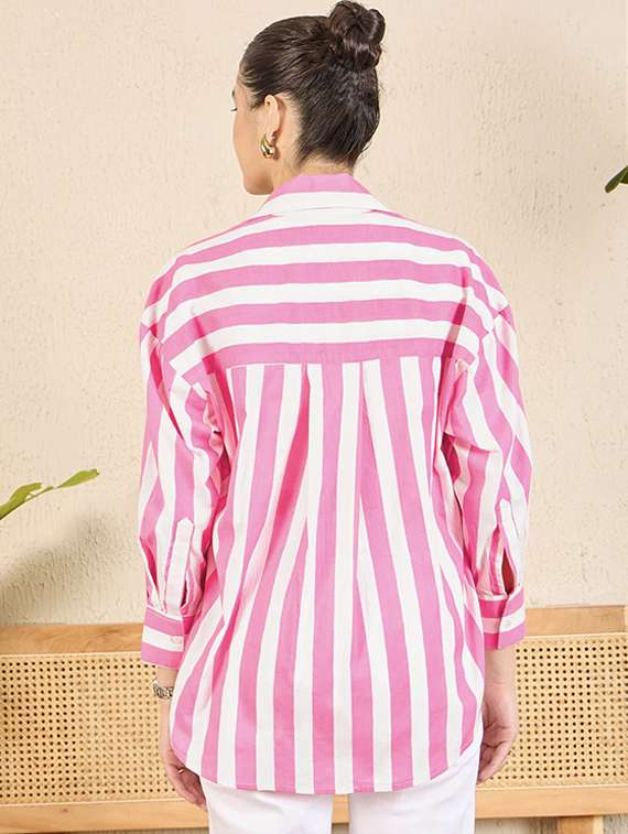 women striped collared long sleeve relaxed fit shirt - 22060546 - Standard Image - 1