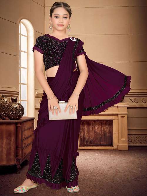 girls embellished ready to wear ruffle saree - 22060591 - Standard Image - 0