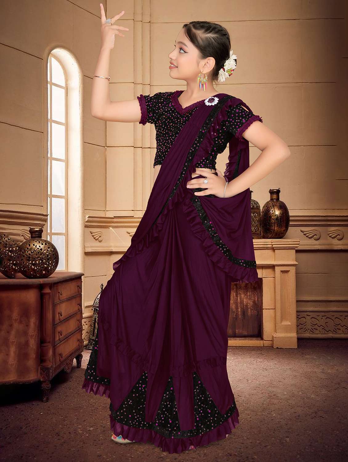 girls embellished ready to wear ruffle saree - 22060591 - Standard Image - 1
